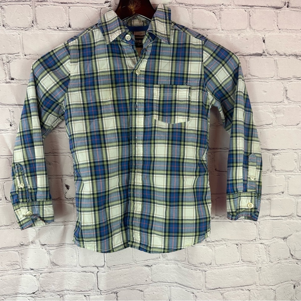 OshKosh B'gosh Blue Green Plaid Button up Shirt boys 7 cotton classic preppy
